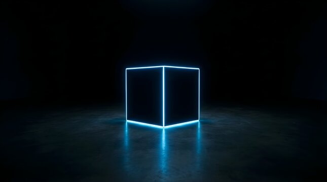 Glowing blue neon cube floating above a dark concrete floor surface