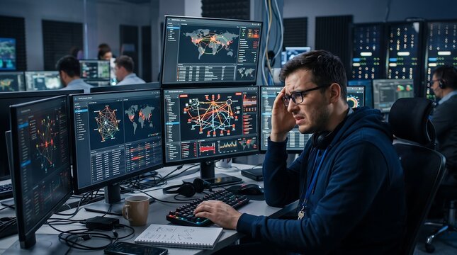 Stressed cybersecurity specialist analyzing network threats in a high-tech control room