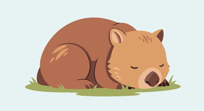 Cute Wombat Sleeping Peacefully on Green Grass, Adorable Australian Wildlife Illustration