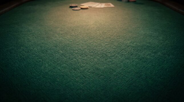 Empty green felt poker table with cards and chips in background