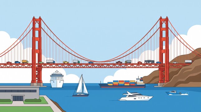 Illustration of a red suspension bridge over a busy waterway
