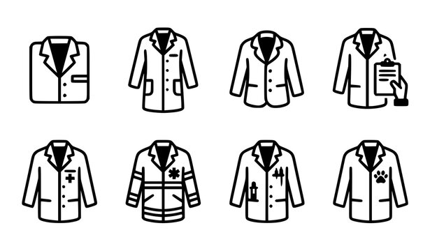 Medical lab coat icon collection featuring clipboard, ambulance stripe, syringe pocket, paw print and folded uniform designs