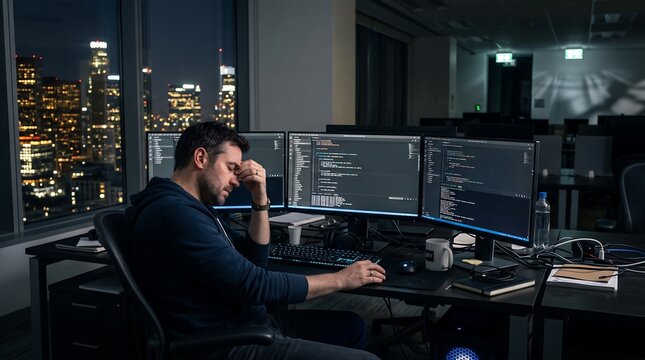 Stressed developer working late in modern office. Head in hand, surrounded by screens of code with city view, depicting intense pressure, demanding deadlines, and tech work