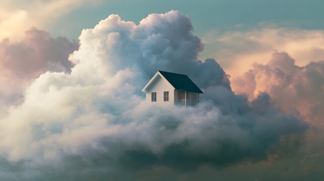 A small white house with a dark roof sits atop a fluffy cloud surrounded by soft pastel sky hues