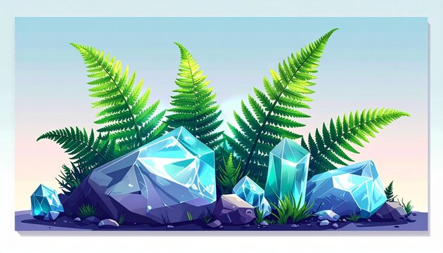 Vibrant Ferns and Crystals in a Fantasy Landscape.