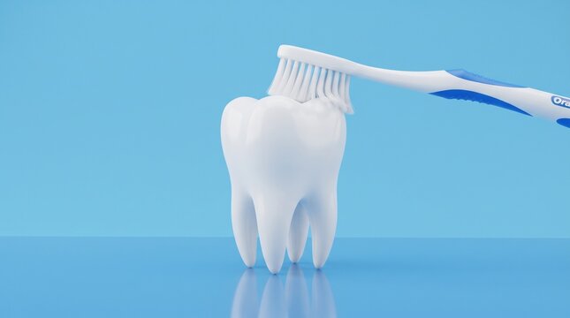 Toothbrush cleaning white molar tooth in close-up. Dental hygiene tool brushing healthy teeth for oral care routine.