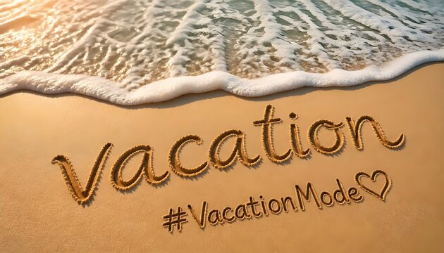 Vacation Hashtag Written in Smooth Beach Sand with Incoming Ocean Wave. Modern Social Media Travel Message, Tropical Holiday, Summer Escape and Seaside Tourism Concept