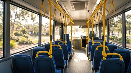 Fototapeta premium Empty city bus interior with blue fabric seats and yellow handrails, sunlit suburban street visible through wide windows. front aisle perspective emphasizes modern transit layout and motion.