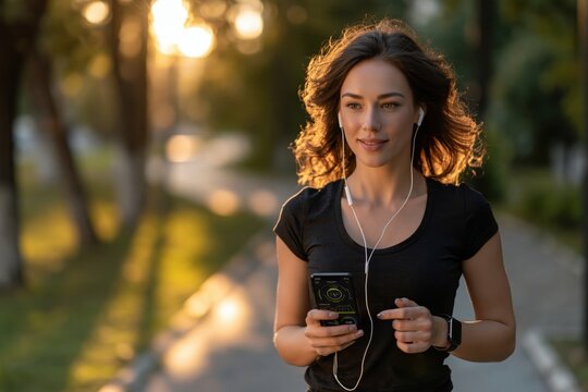 Young woman jogs along a scenic path while listening to music on her phone during sunset in an outdoor park setting