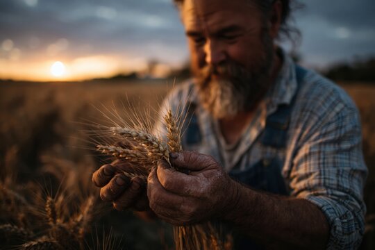 Farmer examines wheat in a field during sunset while holding a handful of wheat stalks with focus and care in a rural setting