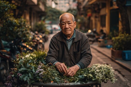 Elderly street vendor arranges flowers in a busy street scene during the evening hours in a vibrant neighborhood marketplace