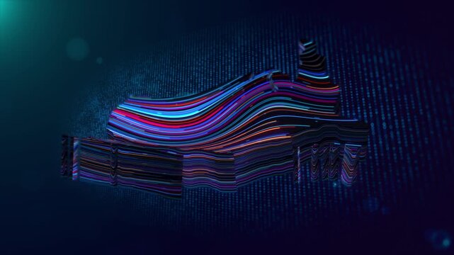 Modern motion graphics featuring an animated United States map reveal with glowing colorful wave lines, digital particle grid, cinematic depth of field, and futuristic technology atmosphere.