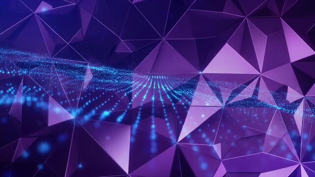 Abstract geometric purple crystal forms with flowing blue light trails during a digital transition