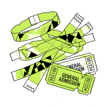 Scattered concert wristbands with general admission tickets, festival collage design