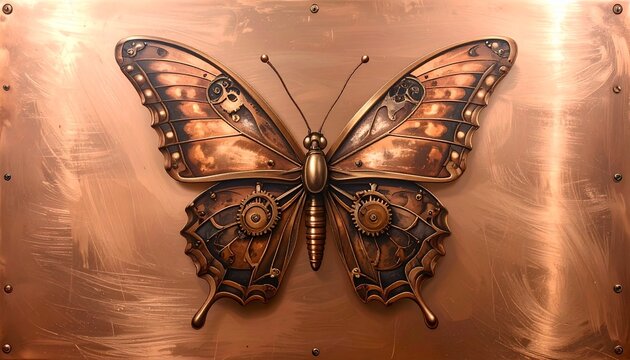 Intricate Copper Butterfly Relief with Mechanical Design Elements.
