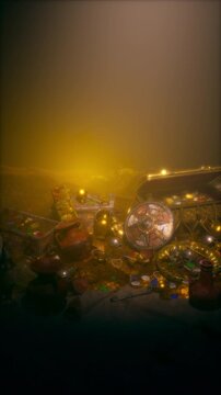 360 Rotating View of Golden Treasure Chests and Coins in Hazy Cavern Glow