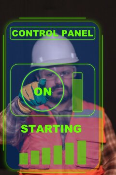 Engineer interacting with futuristic AI touchscreen isolated on black background