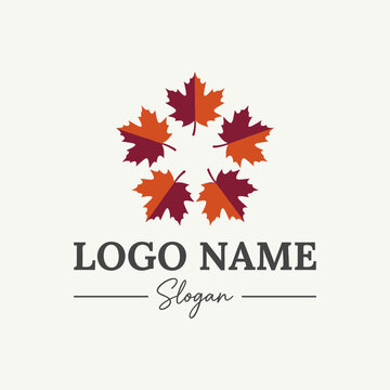Circular five maple leaves logo on cream background.