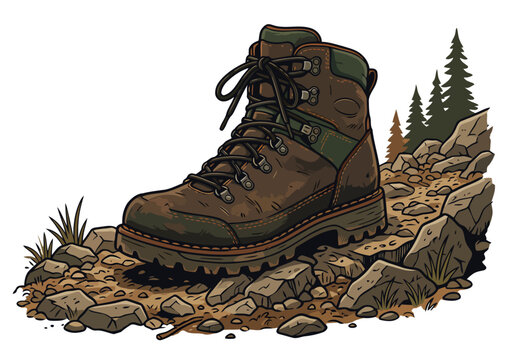 A rugged hiking boot rests on a rocky trail amidst a mountain landscape. Detailed illustration evokes adventure and outdoor exploration. Perfect for travel, nature, or lifestyle themes.