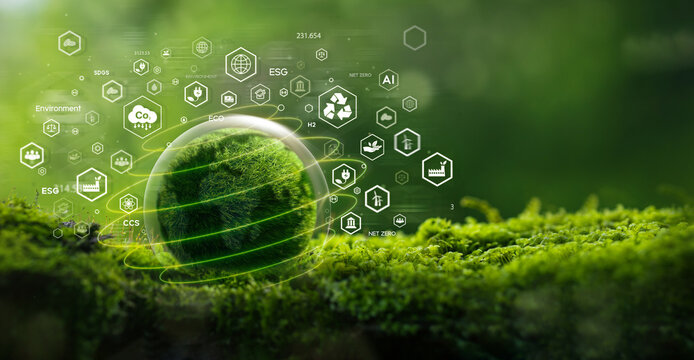 Green globe on moss with eco icons in green forest. Concept of ESG, ecology, and sustainable planet. Eco-friendly business, Earth Day, social responsibility, and net zero emission.
