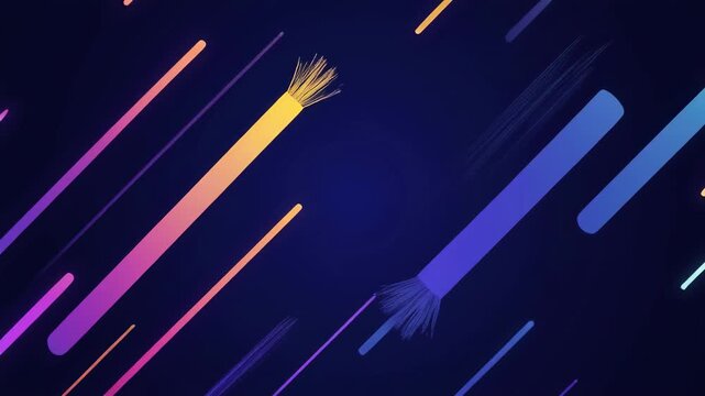 Abstract neon streaks animate across a dark blue cosmic background with subtle light flares ideal for tech presentations