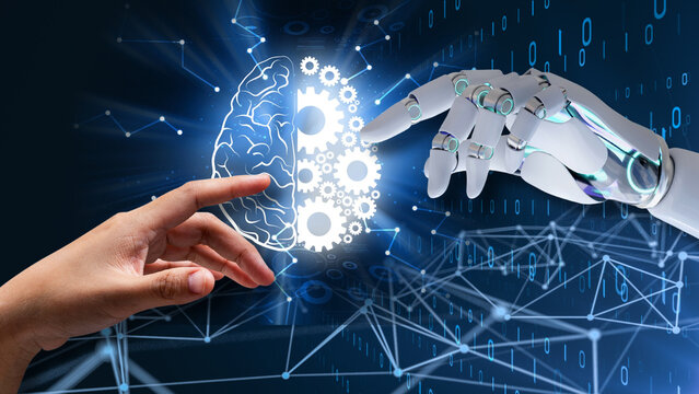 A human hand and a robotic hand reaching towards a glowing digital brain made of gears and network lines illustrate artificial intelligence, human-robot collaboration, machine learning