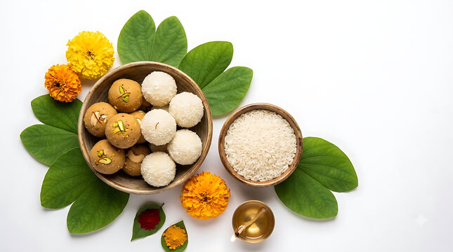 Traditional Dussehra celebration flat lay, Indian festival sweets with marigold flowers and apta leaves, religious puja offerings on white background