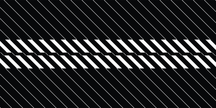 Abstract dark black background with white diagonal stripe line pattern texture. Geometric monochrome pinstripe optical illusion hazard line vector illustration graphic design asset.