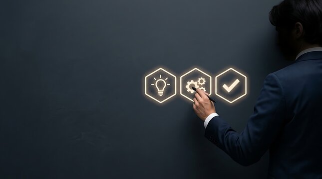 Faceless person in suit pointing to glowing hexagonal lightbulb, gears, checkmark business strategy process