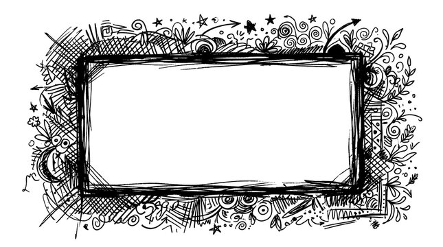 Hand drawn doodle frame with sketchy border, black ink decorative rectangular banner, artistic scribbled illustration for creative message