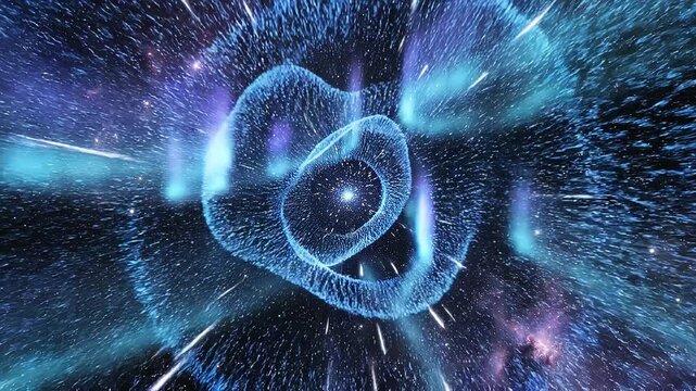 Abstract futuristic digital space vortex with glowing blue particles and cosmic energy in outer space