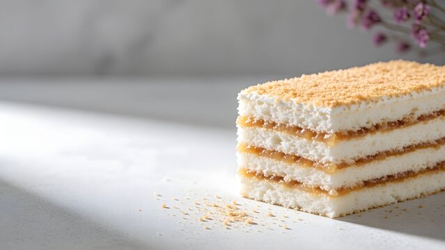 Delicate layered dessert with cinnamon sugar on marble surface close-up shot