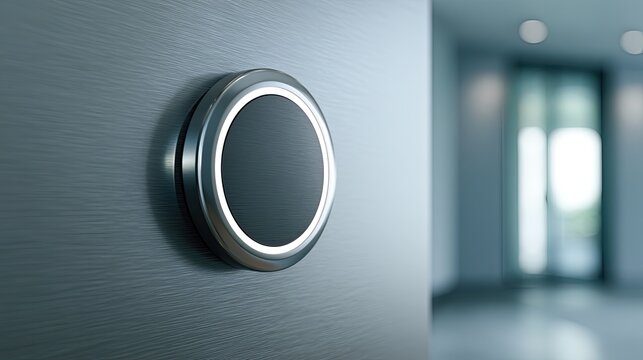 Sleek, modern circular metallic button with illuminated rim on wall