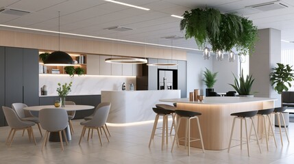 Fototapeta premium Modern open-plan kitchen and dining area with natural light and lush hanging plants