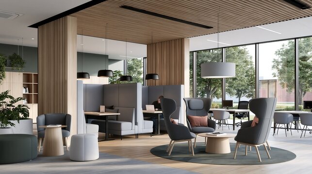 Modern coworking space with natural light and contemporary furniture for collaborative work