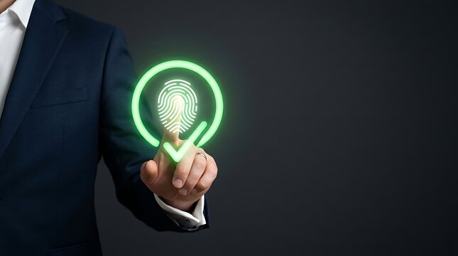 Person in dark suit touching glowing green fingerprint with checkmark scan security verification identity