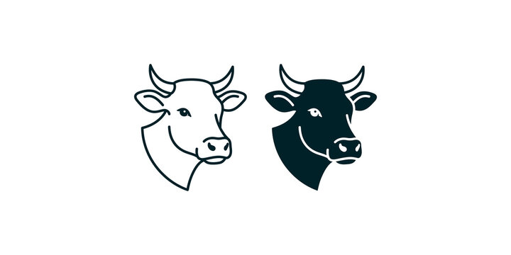 Cow head line art icon set featuring outlined and filled bull animal head silhouettes on transparent background