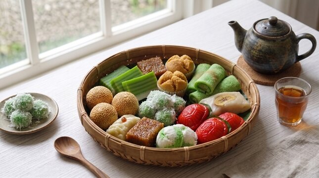 Traditional Indonesian cakes called jajanan pasar including klepon, onde-onde, dadar gulung, kue lapis, and kue ku served on a woven bamboo tray with a teapot near a window.