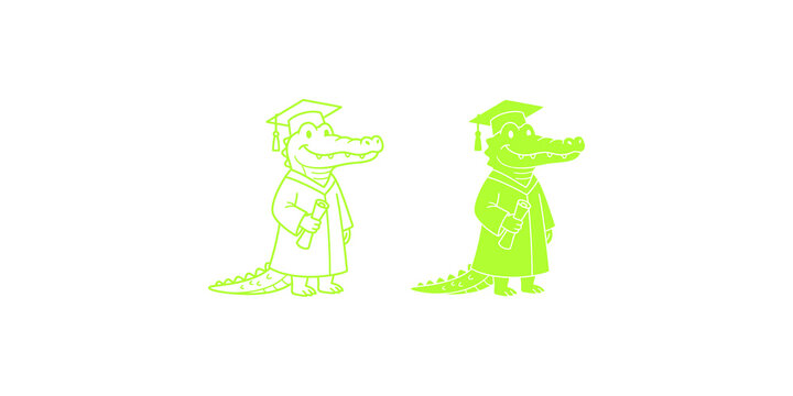 Graduation Crocodile Cartoon Character Set with Cap and Scroll Diploma