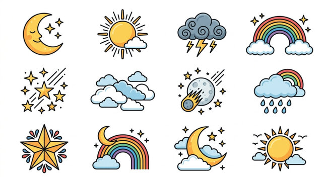 Colorful weather and celestial icons collection set.