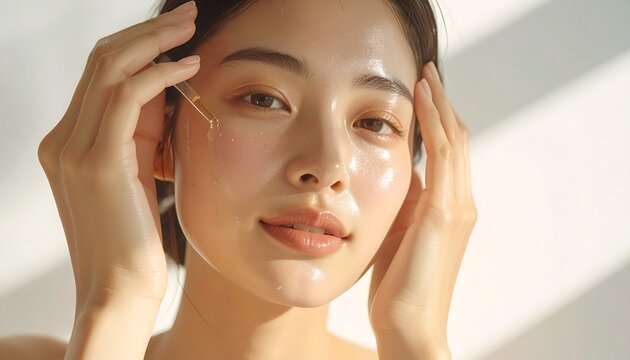 自然光の中で美容液を垂らす女性の艶やかな肌