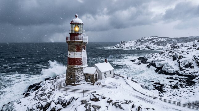 Snowy lighthouse with illuminated lantern on rugged coast in winter