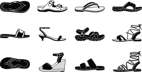 Obraz premium Summer Sandals and Flip Flops Icon Set with Gladiator Strappy Wedges Slides and Thong Footwear Silhouette Symbols for Fashion Retail Web Designs