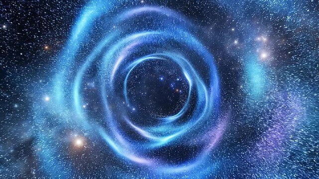 Abstract cosmic vortex in deep space with swirling blue energy and distant stars for futuristic background