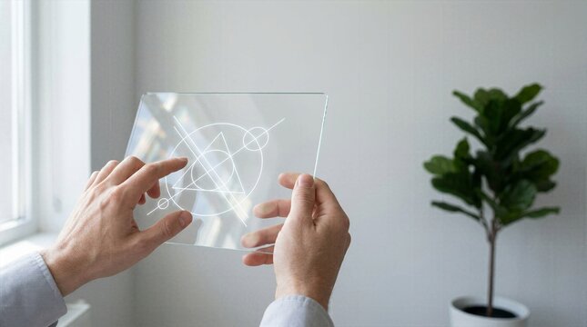 Person interacting with geometric holographic UI on futuristic transparent tablet.