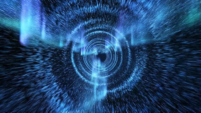 Abstract blue vortex tunnel with glowing particles and light effects creating futuristic digital motion