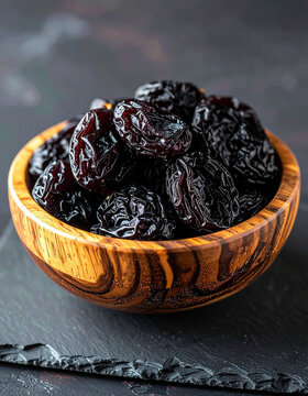 Fresh dried prunes with deeply wrinkled natural skin in wooden bowl, natural sweetness and healthy snack concept. Close-up.
