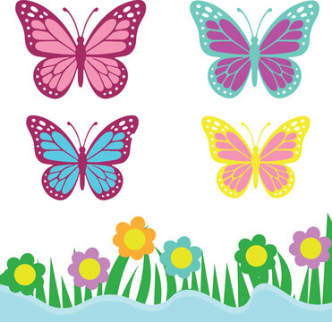 Colorful Butterflies and Spring Flowers Vector Design Set
