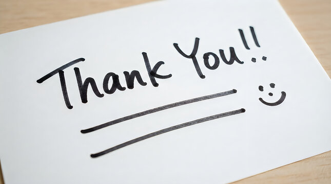 Handwritten thank you message with a smiley face on a white piece of paper handwriting gratitude