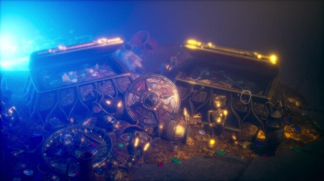 360 Rotating View of Golden Treasure Chests and Coins with Blue Atmospheric Glow